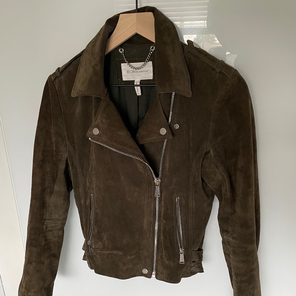 BCBG Generation Womens Suede Jacket Khaki Green Small